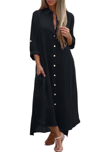 shownicer Leinenkleid Damen Blusenkleid V-Ausschnitt Langarm Freizeitkleid Casual Einfarbig Leinen Maxikleid Knopfleiste Shirtkleider mit Taschen Großen Größen A Schwarz 3XL von shownicer