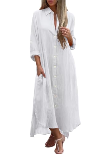 shownicer Leinenkleid Damen Blusenkleid V-Ausschnitt Langarm Freizeitkleid Casual Einfarbig Leinen Maxikleid Knopfleiste Shirtkleider mit Taschen Großen Größen A Weiß L von shownicer