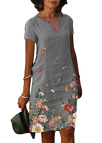 shownicer Leinenkleid Damen Sommer V-Ausschnitt Kurzarm Sommerkleid Knielang Leinenkleider Leinen Blusenkleid Casual Drucken Freizeitkleid Strandkleider D Grau L D Grau L von shownicer