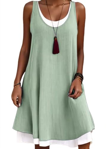 shownicer Leinenkleid Damen Sommerkleid Rundhals Ärmellose Freizeitkleid Einfarbig Leinen Knielang Kleid Locker A-Linie Kleid A Grün S von shownicer