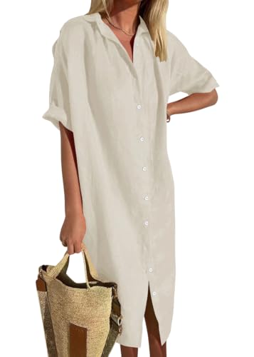 shownicer Leinenkleid Damen Sommerkleid V-Ausschnitt Kurzarm Blusenkleid Casual Einfarbig Leinen Midikleid Knopfleiste Freizeitkleid Shirtkleider A Aprikose XXL shownicer Leinenkleid Damen Sommerkleid V-Ausschnitt Kurzarm Blusenkleid Casual Einfarbig Leinen Midikleid Knopfleiste Freizeitkleid Shirtkleider A Aprikose XXL von shownicer