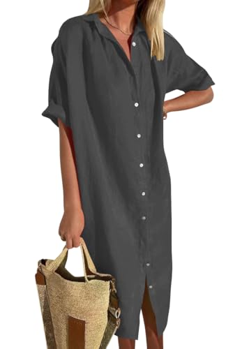 shownicer Leinenkleid Damen Sommerkleid V-Ausschnitt Kurzarm Blusenkleid Casual Einfarbig Leinen Midikleid Knopfleiste Freizeitkleid Shirtkleider A Grau XL von shownicer