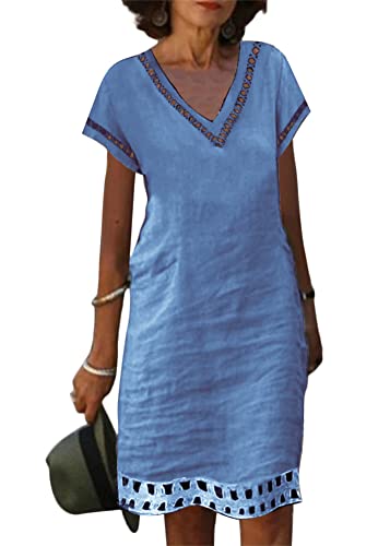 shownicer Leinenkleid Damen Sommerkleid V-Ausschnitt Kurzarm Knielang Kleid Baumwolle Leinen Blusenkleid Boho Freizeitkleid Einfarbig A-Linie Kleid Strandkleid A Blau M von shownicer