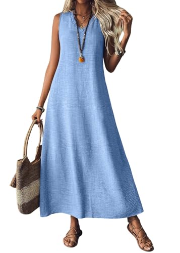 shownicer Leinenkleider Damen 2025 V-Ausschnitt Sommerkleid Ärmellose Maxikleid Lässiges Lang Kleider für Strand und Urlaub A Hellblau L von shownicer