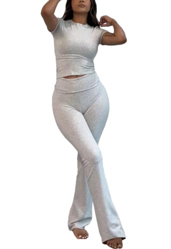 shownicer Lounge Set Damen Slim Fit 2 Stück Set Kurzarm Crop Top und Low Rise Flare Pants Yoga Trainingsanzug Zweiteiler Outfit Pyjama Loungewear Schlafanzug Hausanzug A Grau M von shownicer