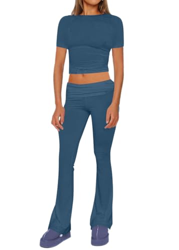 shownicer Lounge Set Damen Slim Fit 2 Stück Set Kurzarm Crop Top und Low Rise Flare Pants Yoga Trainingsanzug Zweiteiler Outfit Pyjama Loungewear Schlafanzug Hausanzug D Dunkelblau XS von shownicer