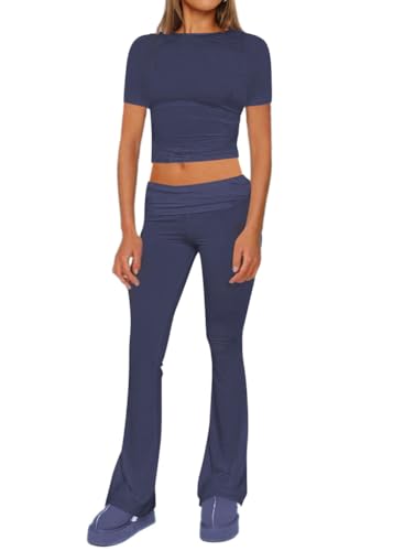 shownicer Lounge Set Damen Slim Fit 2 Stück Set Kurzarm Crop Top und Low Rise Flare Pants Yoga Trainingsanzug Zweiteiler Outfit Pyjama Loungewear Schlafanzug Hausanzug D Marine XS von shownicer