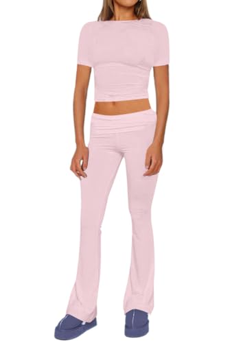 shownicer Lounge Set Damen Slim Fit 2 Stück Set Kurzarm Crop Top und Low Rise Flare Pants Yoga Trainingsanzug Zweiteiler Outfit Pyjama Loungewear Schlafanzug Hausanzug D Rosa S von shownicer