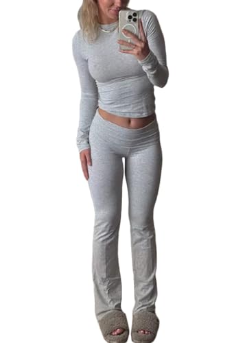 shownicer Lounge Set Langärmeliges Crop Top für Damen und Schmal Geschnittene Lange Hosen Yoga Trainingsanzug Zweiteiler Outfit Pyjama Loungewear Schlafanzug Hausanzug A Grau M von shownicer