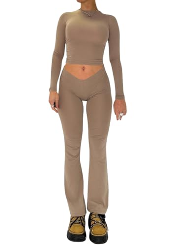 shownicer Lounge Set Langärmeliges Crop Top für Damen und Schmal Geschnittene Lange Hosen Yoga Trainingsanzug Zweiteiler Outfit Pyjama Loungewear Schlafanzug Hausanzug B Khaki M von shownicer