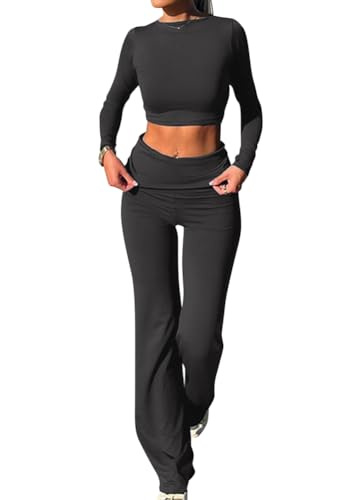 shownicer Lounge Set Langärmeliges Crop Top für Damen und Schmal Geschnittene Lange Hosen Yoga Trainingsanzug Zweiteiler Outfit Pyjama Loungewear Schlafanzug Hausanzug D Dunkelgrau XS von shownicer