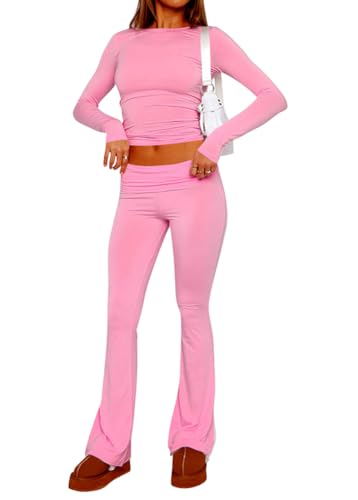 shownicer Lounge Set Langärmeliges Crop Top für Damen und Schmal Geschnittene Lange Hosen Yoga Trainingsanzug Zweiteiler Outfit Pyjama Loungewear Schlafanzug Hausanzug E Dunkelrosa XS von shownicer