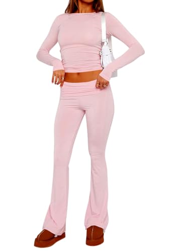 shownicer Lounge Set Langärmeliges Crop Top für Damen und Schmal Geschnittene Lange Hosen Yoga Trainingsanzug Zweiteiler Outfit Pyjama Loungewear Schlafanzug Hausanzug E Rosa L von shownicer