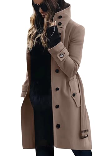 shownicer Mantel Damen Trenchcoat Langer Herbst Winter Revers Wollmantel Jacke Lange Warm Parka Overcoat Elegant Einfarbig Cardigan Slim Fit Wollmantel Outwear C Khaki M von shownicer