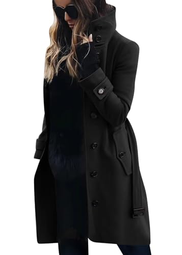 shownicer Mantel Damen Trenchcoat Langer Herbst Winter Revers Wollmantel Jacke Lange Warm Parka Overcoat Elegant Einfarbig Cardigan Slim Fit Wollmantel Outwear C Schwarz L von shownicer