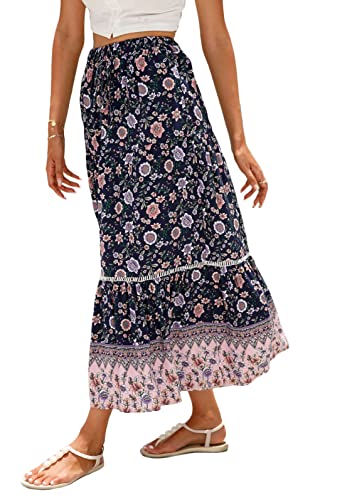 shownicer Maxirock Damen Rock Sommer Boho Blumen Elastische Hohe Taille A Linie Falten Strandrock Rockabilly Freizeitrock Sommerrock Lange Röcke C Blau L von shownicer