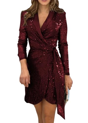 shownicer Mini Kleid Damen Slim Fit Glitzer Tunikakleid V-Ausschnitt Langarm Wickelkleid Hohe Taille Kurz Eleganter Abendkleider Bodycon Kleid A Weinrot S von shownicer