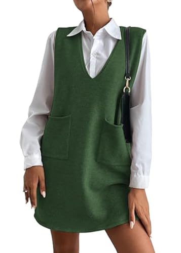 shownicer Minikleid Damen Ärmellos Tank Pulloverkleid Pullunder Kleider Locker Freizeitkleid V-Ausschnitt mit Taschen A Grün M von shownicer
