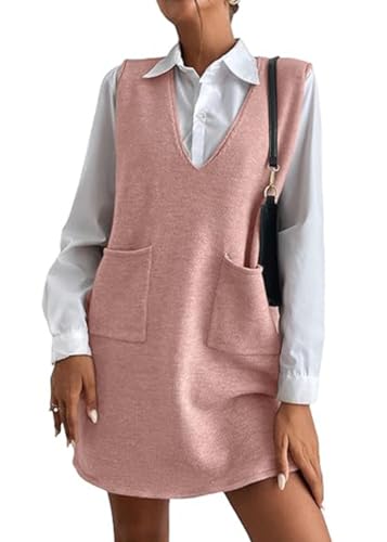 shownicer Minikleid Damen Ärmellos Tank Pulloverkleid Pullunder Kleider Locker Freizeitkleid V-Ausschnitt mit Taschen A Rosa XL von shownicer