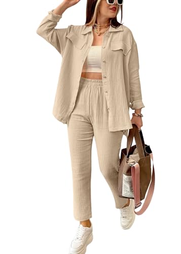 shownicer Musselin Zweiteiler Damen 2 Teiler Anzug Langarmshirts und Hose Freizeitanzug Einfarbig Zweiteiler Outfit Casual Hosenanzug Lockere Sportanzug Streetwear A Aprikose XXL von shownicer