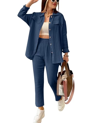 shownicer Musselin Zweiteiler Damen 2 Teiler Anzug Langarmshirts und Hose Freizeitanzug Einfarbig Zweiteiler Outfit Casual Hosenanzug Lockere Sportanzug Streetwear A Dunkelblau M von shownicer
