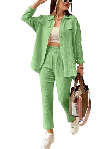 shownicer Musselin Zweiteiler Damen 2 Teiler Anzug Langarmshirts und Hose Freizeitanzug Einfarbig Zweiteiler Outfit Casual Hosenanzug Lockere Sportanzug Streetwear A Grün M von shownicer