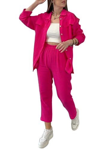 shownicer Musselin Zweiteiler Damen 2 Teiler Anzug Langarmshirts und Hose Freizeitanzug Einfarbig Zweiteiler Outfit Casual Hosenanzug Lockere Sportanzug Streetwear A Rosa XXL von shownicer