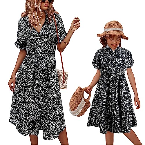 shownicer Mutter und Tochter Passendes Kleid Blumenmuster Kleider Eltern-Kind-Kleid Strandkleid Polka Dots Matching Outfits Familien Kleidung Sommerkleid C Schwarz XL von shownicer