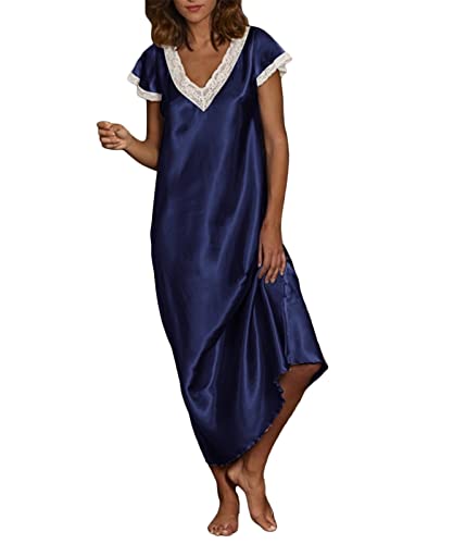 shownicer Nachthemd Damen Satin Nachtkleid Lang Vintage Elegant Kurzarm Tiefer V-Ausschnitt Blumenspitze Sleepwear Negligee Nachtwäsche Lang Kleid A Marine 3XL von shownicer