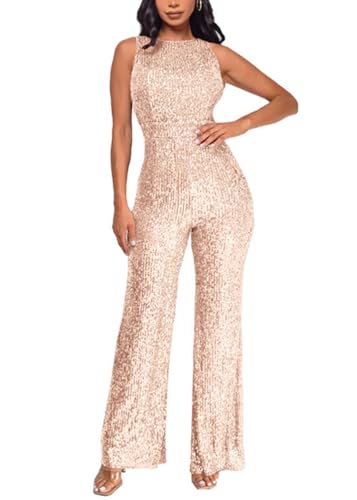 shownicer Overall Damen Jumpsuit V-Ausschnitt Ärmellos Elegant Bodysuit mit Gürtel Pailletten Eng Einteiler Hohe Taille Playsuit A Champagner L von shownicer