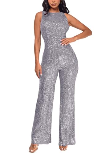shownicer Overall Damen Jumpsuit V-Ausschnitt Ärmellos Elegant Bodysuit mit Gürtel Pailletten Eng Einteiler Hohe Taille Playsuit A Grau L von shownicer