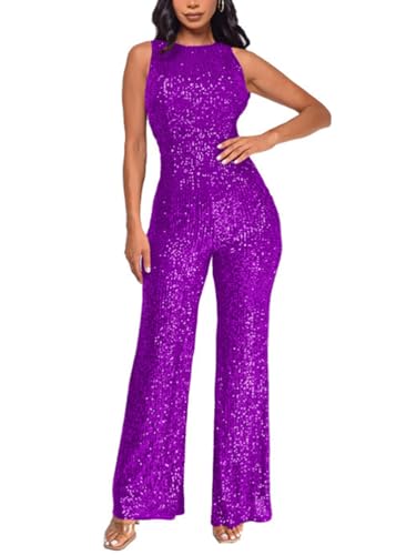 shownicer Overall Damen Jumpsuit V-Ausschnitt Ärmellos Elegant Bodysuit mit Gürtel Pailletten Eng Einteiler Hohe Taille Playsuit A Violett 3XL von shownicer