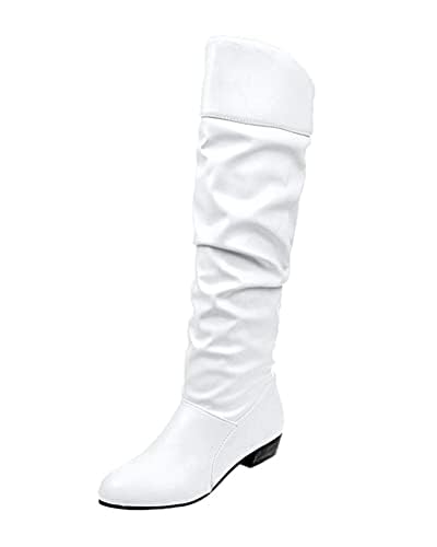 shownicer Overknee Stiefel Damen Warme Winterstiefel Mit Blockabsatz Langschaft Boots Flach Casual Stiefel Reißverschluss Klassisch Westernstiefel Winterschuhe A Weiß 37 EU von shownicer