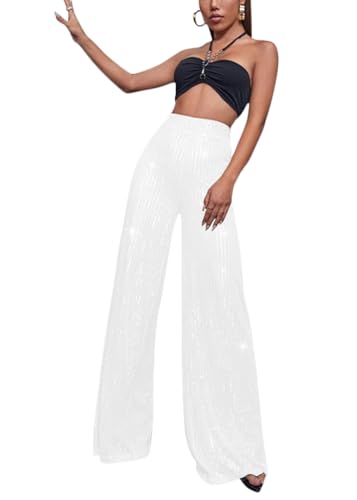 shownicer Pailletten Hose Glitzer Hosen Lang Hohe Taille Hip Hop Club Hose Elegant Jogginghose Party Paillettenhose Freizeithose Streetwear A Weiß S von shownicer
