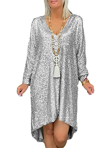 shownicer Pailletten Kleider Damen Lockeres Minikleid Mode Langarm Paillettenkleid Kurz Glitzerkleid V-Ausschnitt Cocktail Club Party Freizeitkleid A Grau S von shownicer