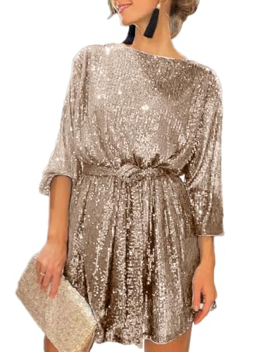 shownicer Pailletten Kleider Damen Lockeres Minikleid Mode Langarm Paillettenkleid Kurz Glitzerkleid V-Ausschnitt Cocktail Club Party Freizeitkleid B Aprikose XL von shownicer