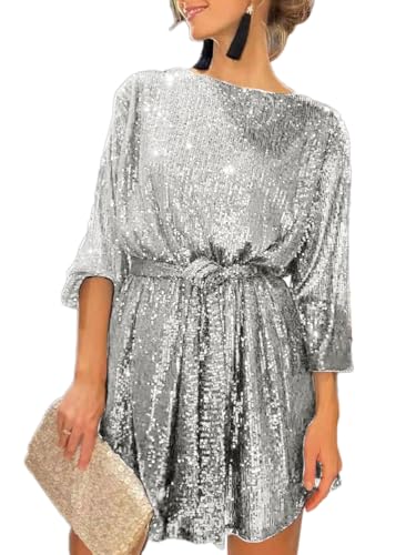 shownicer Pailletten Kleider Damen Lockeres Minikleid Mode Langarm Paillettenkleid Kurz Glitzerkleid V-Ausschnitt Cocktail Club Party Freizeitkleid B Dunkelgrau S von shownicer