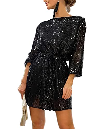 shownicer Pailletten Kleider Damen Lockeres Minikleid Mode Langarm Paillettenkleid Kurz Glitzerkleid V-Ausschnitt Cocktail Club Party Freizeitkleid B Schwarz XL von shownicer