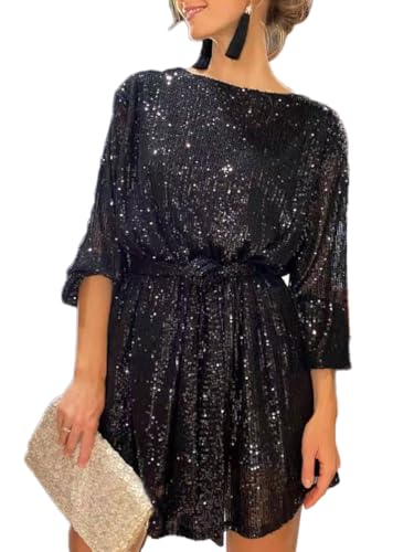 shownicer Pailletten Kleider Damen Lockeres Minikleid Mode Langarm Paillettenkleid Kurz Glitzerkleid V-Ausschnitt Cocktail Club Party Freizeitkleid B Schwarz XXL von shownicer