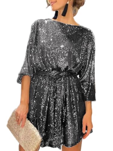 shownicer Pailletten Kleider Damen Lockeres Minikleid Mode Langarm Paillettenkleid Kurz Glitzerkleid V-Ausschnitt Cocktail Club Party Freizeitkleid B Silber M von shownicer