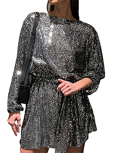 shownicer Pailletten Kleider Damen Lockeres Minikleid Mode Langarm Paillettenkleid Kurz Glitzerkleid V-Ausschnitt Cocktail Club Party Freizeitkleid B Silber XL von shownicer