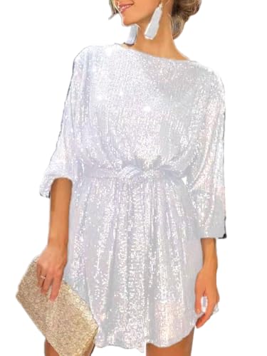 shownicer Pailletten Kleider Damen Lockeres Minikleid Mode Langarm Paillettenkleid Kurz Glitzerkleid V-Ausschnitt Cocktail Club Party Freizeitkleid B Weiß M von shownicer