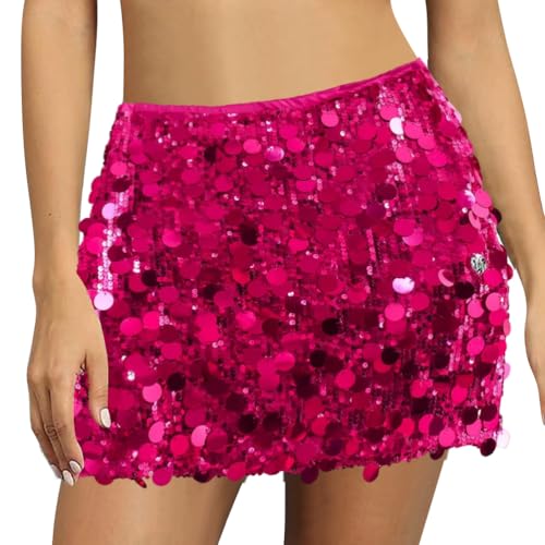 shownicer Pailletten Rock Damen Elegant Glitzer Minirock Hüftrock Elastische Hohe Taille Party Rave Outfit Karneval Glitzerrock D Rose Rot XS von shownicer