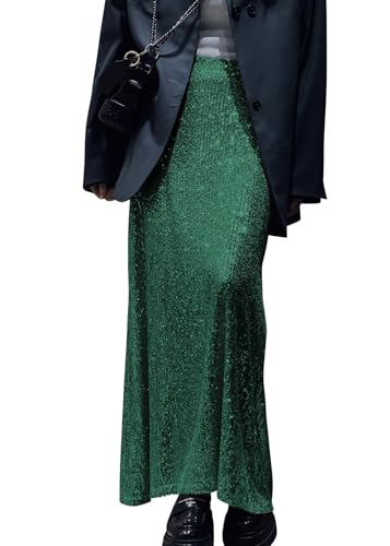 shownicer Pailletten Rock Damen Lang A-Linie Glitzer Rock Langer Elastisch Taille High Waist Festlich Party Glitzerrock A Dunkelgrün 3XL von shownicer