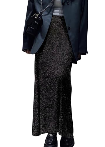 shownicer Pailletten Rock Damen Lang A-Linie Glitzer Rock Langer Elastisch Taille High Waist Festlich Party Glitzerrock A Schwarz 3XL von shownicer