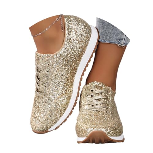 shownicer Pailletten Sneaker Damen Flache Low Glitzer Schuhe Bequeme Atmungsaktiv Schnürer Sportschuhe Turnschuhe Outdoor Laufschuhe A Gold 43 EU von shownicer
