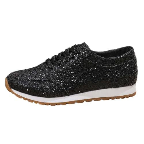 shownicer Pailletten Sneaker Damen Flache Low Glitzer Schuhe Bequeme Atmungsaktiv Schnürer Sportschuhe Turnschuhe Outdoor Laufschuhe A Schwarz 36 EU von shownicer