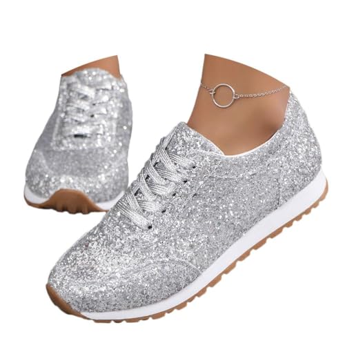 shownicer Pailletten Sneaker Damen Flache Low Glitzer Schuhe Bequeme Atmungsaktiv Schnürer Sportschuhe Turnschuhe Outdoor Laufschuhe A Silber 41 EU von shownicer