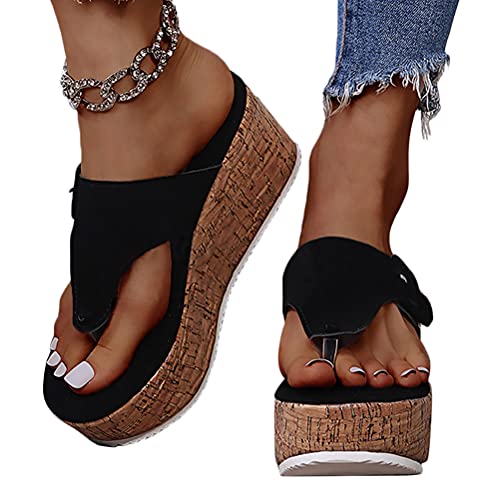 shownicer Plateau Sandalen Damen Espadrilles Casual Keilsandalen Frauen Sommer Faux Leder mit Knöchelriemen Plattform Offene Schuhe Flip Flops Freizeit Sommerschuhe X1 Schwarz 38 EU von shownicer