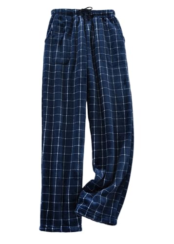 shownicer Plüschhose Herren Pyjamahose Flanell Plüsch Kariert Schlaf Lounge Hose Schlafanzughose Soft Fleece Pyjamahose Flanellhose Warme Freizeithose Loungehose E Marine 3XL von shownicer